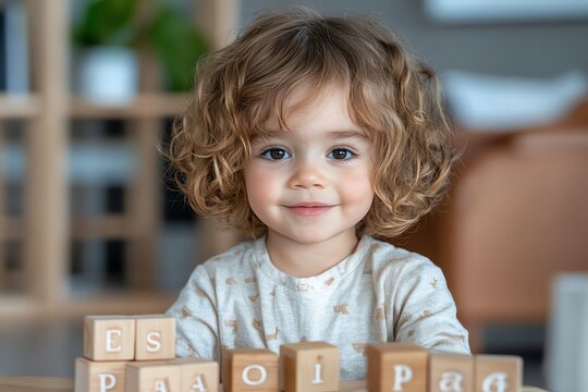 A young child learning the alphabet with wooden blocks, showing the early stages of literacy development