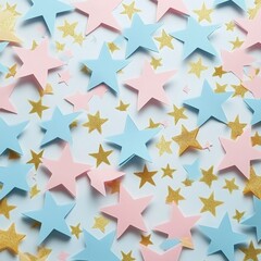Obraz premium Colorful star confetti scattered on a white background for festive decorations and celebrations
