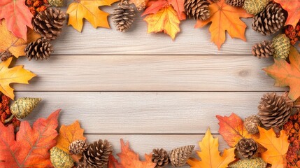 Fototapeta premium A rustic wooden background features rich autumn leaves and pine cones, creating a warm setting for creative text or design elements
