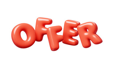 Offer red Inflatable flying word for promotion design. 3D render illustration of sale and discount floating text design element. Balloon cartoon volumetric sign for special offer advertising.
