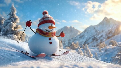 Obraz premium Happy snowman in a snowy landscape wearing a hat and scarf, perfect for celebrating winter and Christmas