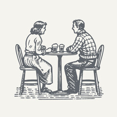 Couple Sitting at the Table. Vintage woodcut engraving style vector illustration.