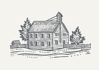 Farm House. Vintage woodcut engraving style vector illustration.