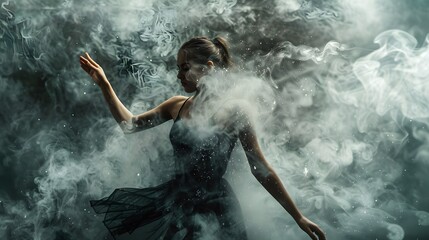 Young woman captured in dynamic action pose surrounded by fog
