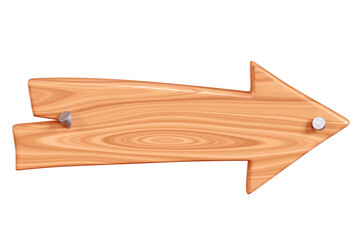 Wooden arrow plaque with cracks and nails for text box. Cartoon 3d render illustration of signboard with brown wood texture. Vintage rustic timber plank, nameplate or board frame with fracture.