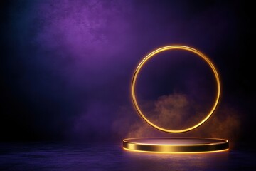 Glowing Golden Circle and Platform on Purple Background.
