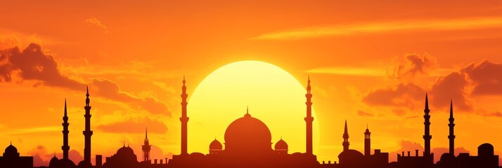 Obraz premium A majestic mosque silhouette stands tall against a vibrant orange sunset, symbolizing faith, peace, and architectural beauty in a Middle Eastern setting.