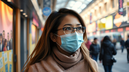 young asian girl wearing glasses and medical mask on city street
