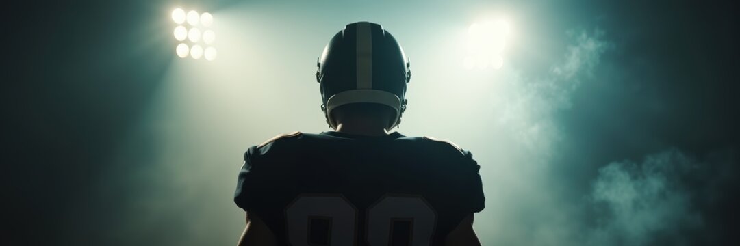 A powerful silhouette of an athlete preparing for a game, exuding determination and strength in a dramatic stadium atmosphere. - Powered by Adobe