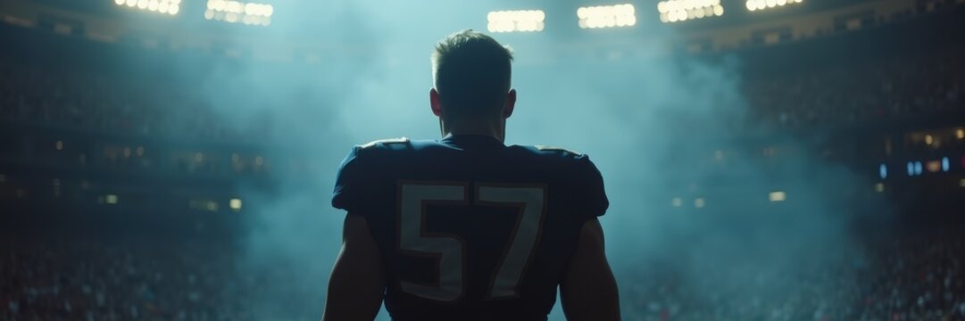 A powerful silhouette of a football player in uniform, standing amidst a smoky stadium, capturing the intensity and excitement of a game day.