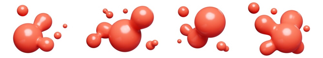 Red abstract liquid metaball shape. 3d render illustration set of fluid soft bubble blob. Organic bright decorative sphere geometric form. Morphing ball aqua drop or molecule. Flow particles.
