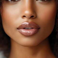 Naklejka premium Close-up of a beautiful Black woman blowing a kiss with flawless skin against a grey background
