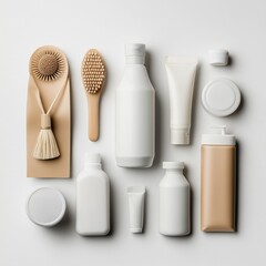 Various personal care items are neatly displayed in neutral tones on a white surface