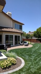 Naklejka premium A modern backyard features vibrant green grass, a barbecue area, and a cozy dining space under a large umbrella on a bright sunny day