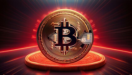 Shining Bitcoin Cryptocurrency on Illuminated Platform