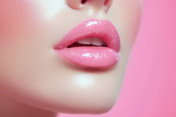 Naklejka premium Close-up of a woman's face showcasing glossy pink lips and radiant skin under studio lighting