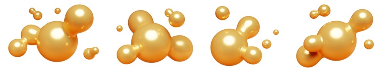 Golden abstract liquid metaball shape. 3d render illustration set of fluid soft bubble blob. Organic gold bright decorative sphere geometric form. Morphing ball aqua drop or molecule. Flow particles.