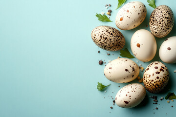 Obraz premium Quail eggs and parsley leaves on blue background, top view