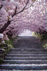 A set of stairs with the beautiful cherry blossom 