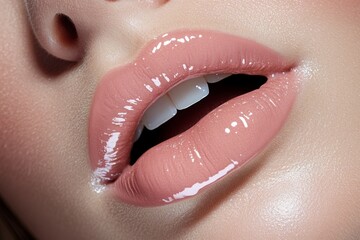 Fototapeta premium Close-up view of a woman's face highlighting glossy pastel pink lips in studio lighting