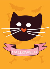 black cat and halloween inscription bright holiday card. Cute halloween card. Vector illustration