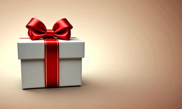 Paquet cadeau blanc avec n&oelig;ud en bolduc rouge, pr&eacute;sent&eacute; sous diff&eacute;rents angles de vue, sur fond beige, esprit festif pour un anniversaire, No&euml;l ou pour le plaisir d'offrir