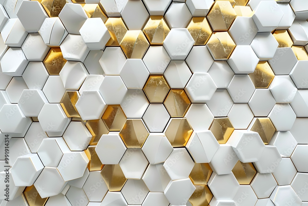 Poster 3d rendering of abstract hexagon background in white and gold color