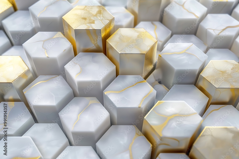 Aufkleber 3d rendering of abstract hexagon background in white and gold color