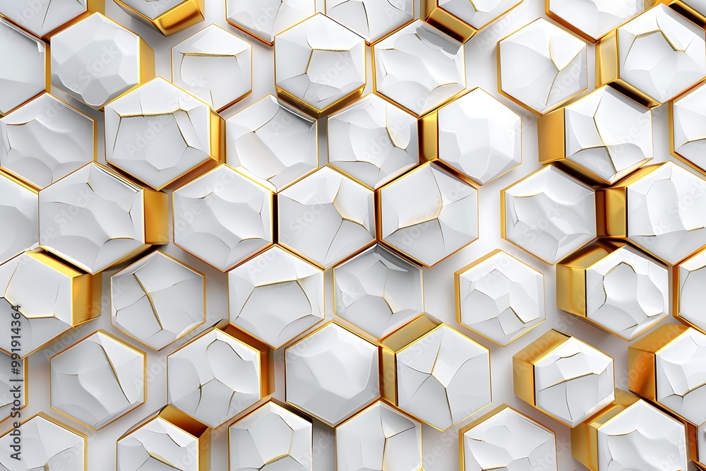 Aufkleber 3d rendering of abstract hexagon background in white and gold color