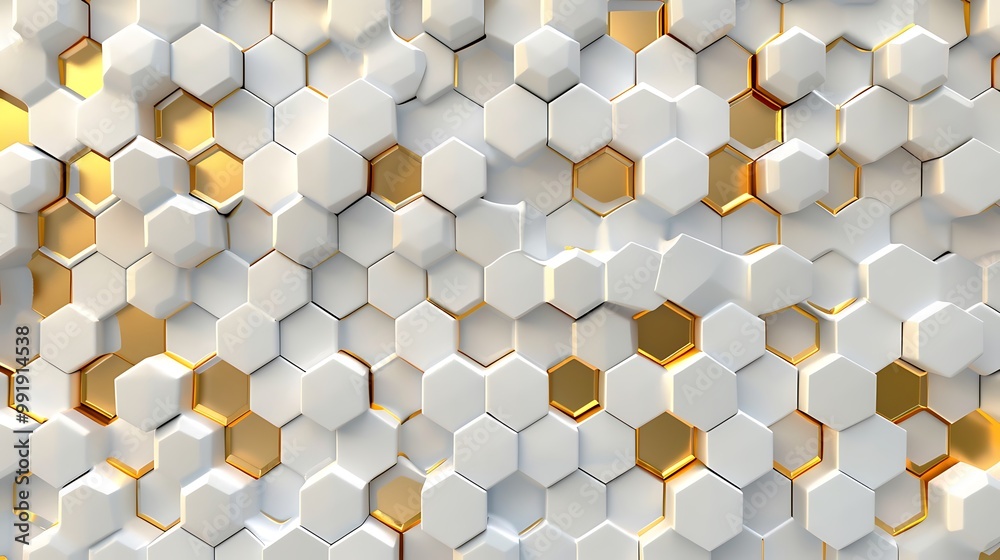 Poster 3d rendering of abstract hexagon background in white and gold color