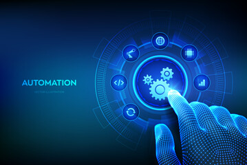 RPA Robotic process automation innovation technology concept. IOT Automation, innovation, improving productivity in business processes. Wireframe hand touching digital interface. Vector illustration.