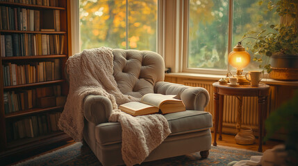 Fototapeta premium A cozy reading nook with a plush armchair, soft blanket, and warm lighting, creating a peaceful and inviting atmosphere by the window