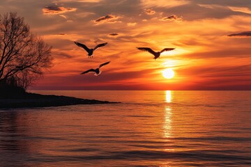 Fototapeta premium The setting sun shines on the sea, and two birds fly in front of it. The sky is a vibrant orange-red with many clouds floating above the water's surface. with generative ai