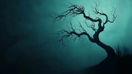 A silhouette of a gnarled tree against a foggy, blue-green sky.