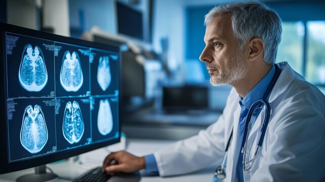doctor looking at mammogram images on screen, x-rays of the mammary gland