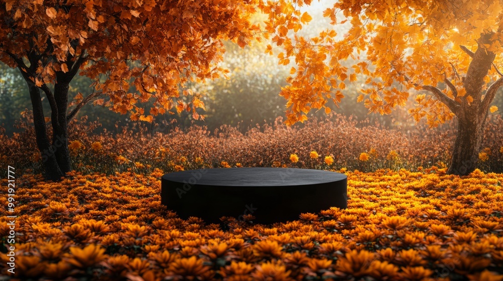 Poster a circular platform rests in a colorful autumn landscape filled with bright orange leaves and flower