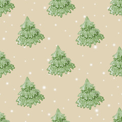 Cute Watercolor Christmas seamless pattern. Ornament with hand drawn Christmas tree and snow