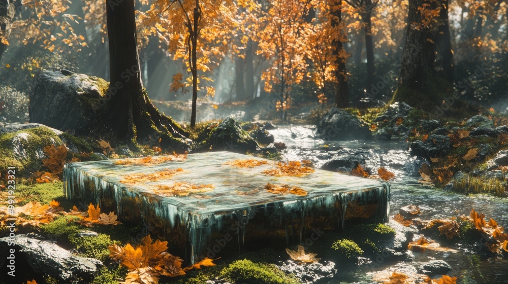 Poster in a tranquil autumn forest, a frozen platform rests among vibrant fallen leaves, while a gentle str