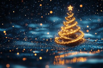 Digital Christmas card with glowing golden Christmas tree.