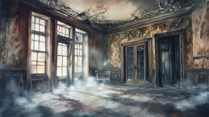 Creepy Abandoned Mansion, old decaying mansion peeling wallpaper, broken furniture and dust particles floating in the dim light filtering through broken windows. the decay are sharp, watercolor illust