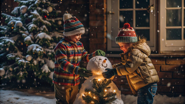 Two children dressed in colorful winter coats and hats building a snowman in a snowy yard, with a decorated Christmas tree visible through the window of their home. 