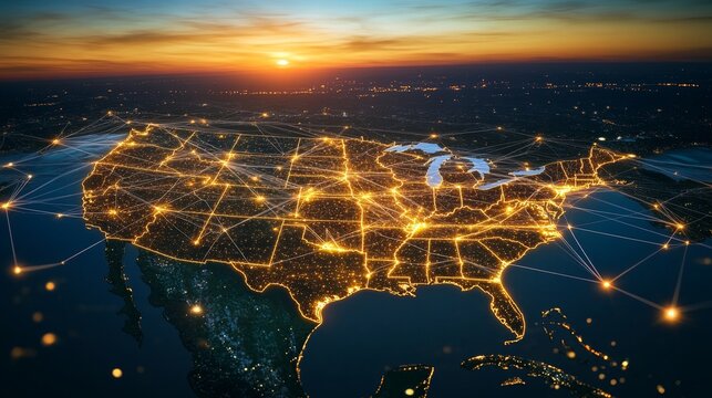 Glowing digital map of the United States showcasing connectivity and data transfer at sunset