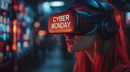 Woman wearing VR headset with "Cyber Monday" text.
