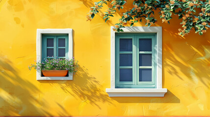 Bright yellow wall adorned with green windows and blooming flowers in a sunlit garden