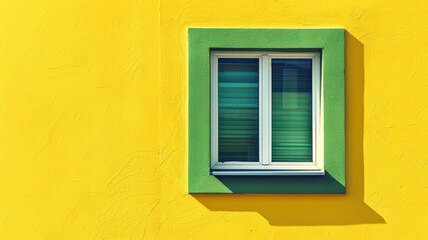 A vibrant green-framed window against a cheerful yellow wall on a sunny day