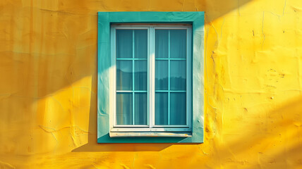 Fototapeta premium A bright turquoise-framed window against a vibrant yellow wall in a sunlit alleyway