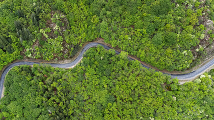 Petite route sillonnant la montagne vu du ciel. La route traverse une grosse forêt.