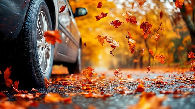 A rear view of a gray car driving on an asphalt road on an autumn day near a park with falling leaves