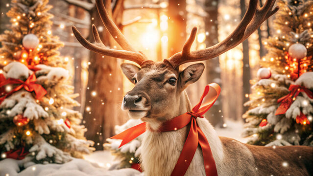 A majestic reindeer standing in a snow-covered forest, with snow-laden trees all around. The reindeer has a red ribbon tied around its neck, and soft light filters through the trees