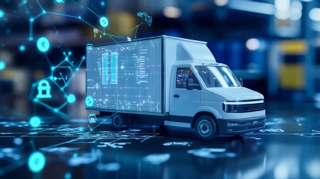 Autonomous minibus delivers parcels to selected cities using smartphone app. Delivery and logistics concept. Electronic delivery management system with innovative route tracking technology to identify